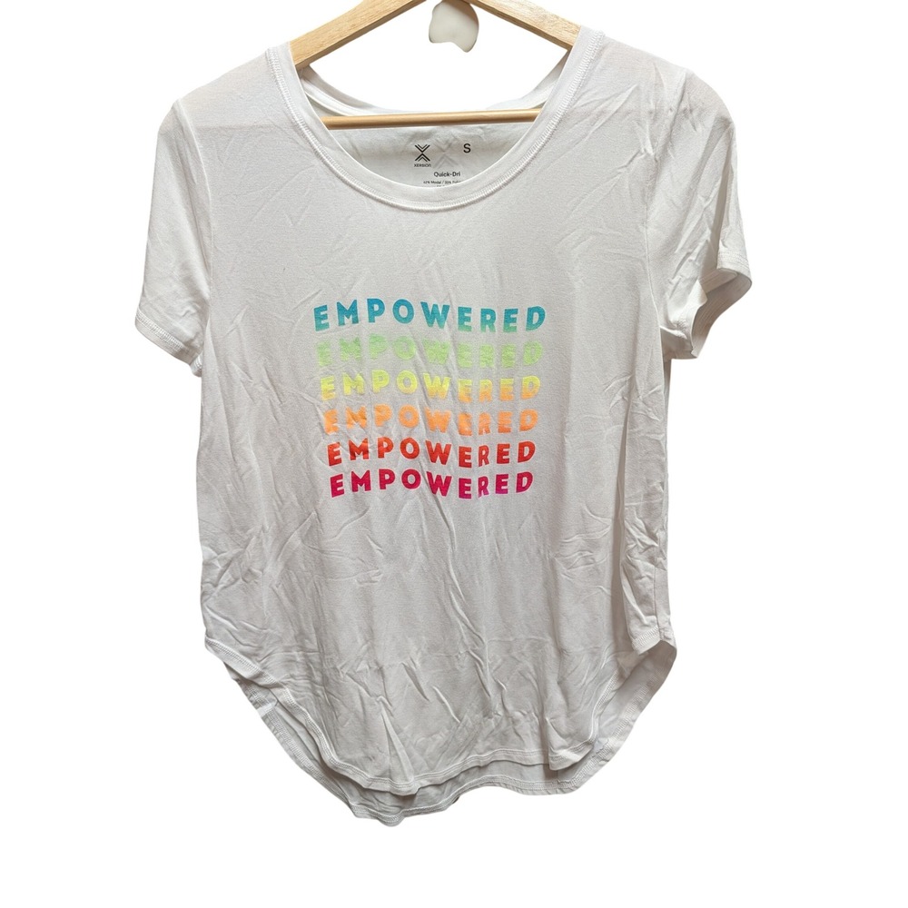 Xersion Graphic Tee Women Size S White Excellent Empowered Rainbow Curved Hem